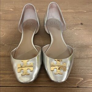 Tory Burch Metallic Silver Flats with Gold Logo